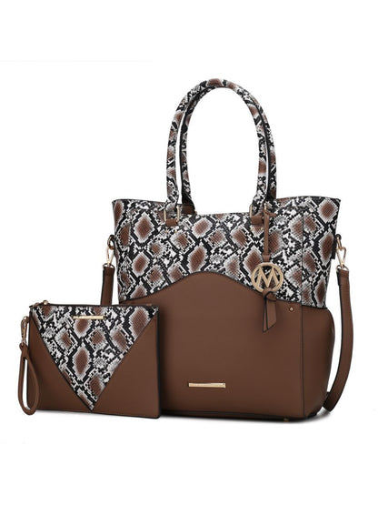 MKF Collection Iris Snake Embossed Vegan Leather Women Tote Bag with matching Wristlet Pouch - Khaki