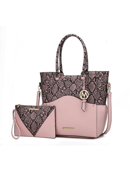 MKF Collection Iris Snake Embossed Vegan Leather Women Tote Bag with matching Wristlet Pouch - Blush Pink