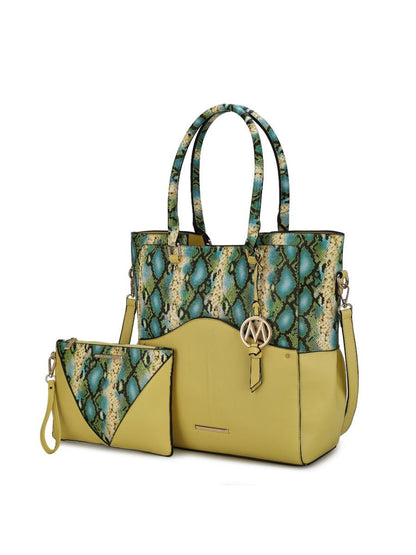 MKF Collection Iris Snake Embossed Vegan Leather Women Tote Bag with matching Wristlet Pouch - Yellow