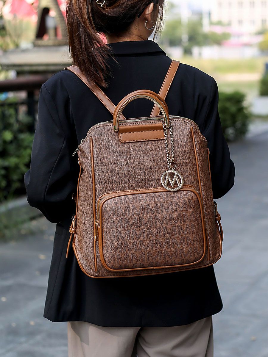 MKF Collection June M logo Printed Vegan Leather Women Backpack - Black