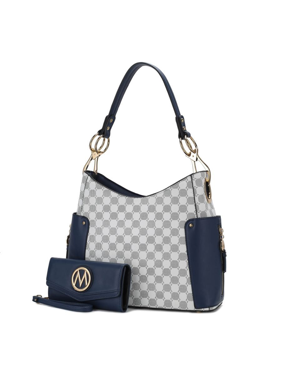 MKF Collection Penelope Circular Print Vegan Leather Women Shoulder Bag witch matching Wallet - Navy
