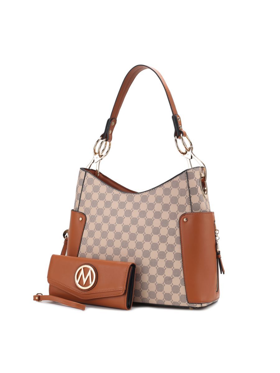 MKF Collection Penelope Circular Print Vegan Leather Women Shoulder Bag witch matching Wallet - Cognac Brown