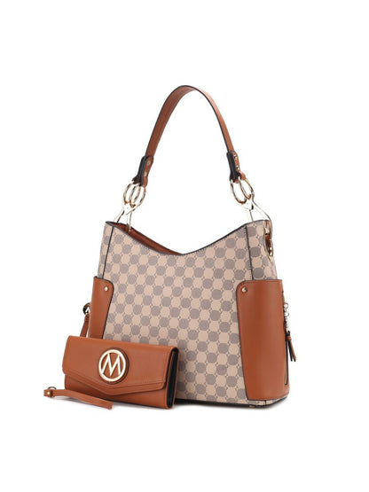MKF Collection Penelope Circular Print Vegan Leather Women Shoulder Bag witch matching Wallet - Cognac Brown