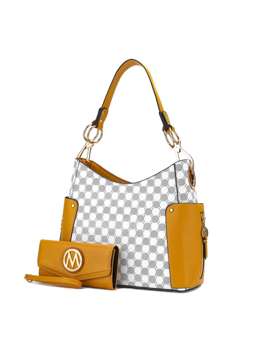 MKF Collection Penelope Circular Print Vegan Leather Women Shoulder Bag witch matching Wallet - Mustard