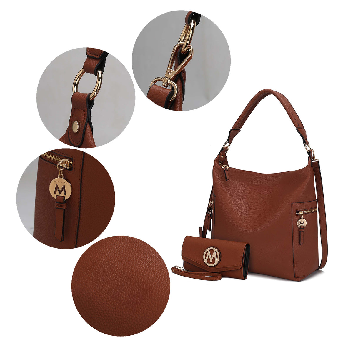 MKF Collection Ophelia Vegan Leather Women Hobo Bag with Wallet - Cognac