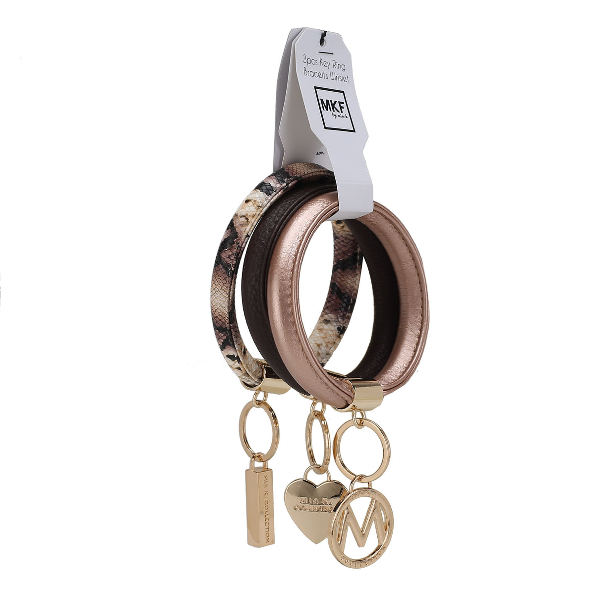 MKF Collection Jasmine Vegan Leather Women Bangle Wristlet Keychain set - Coffee-Gold-Beige