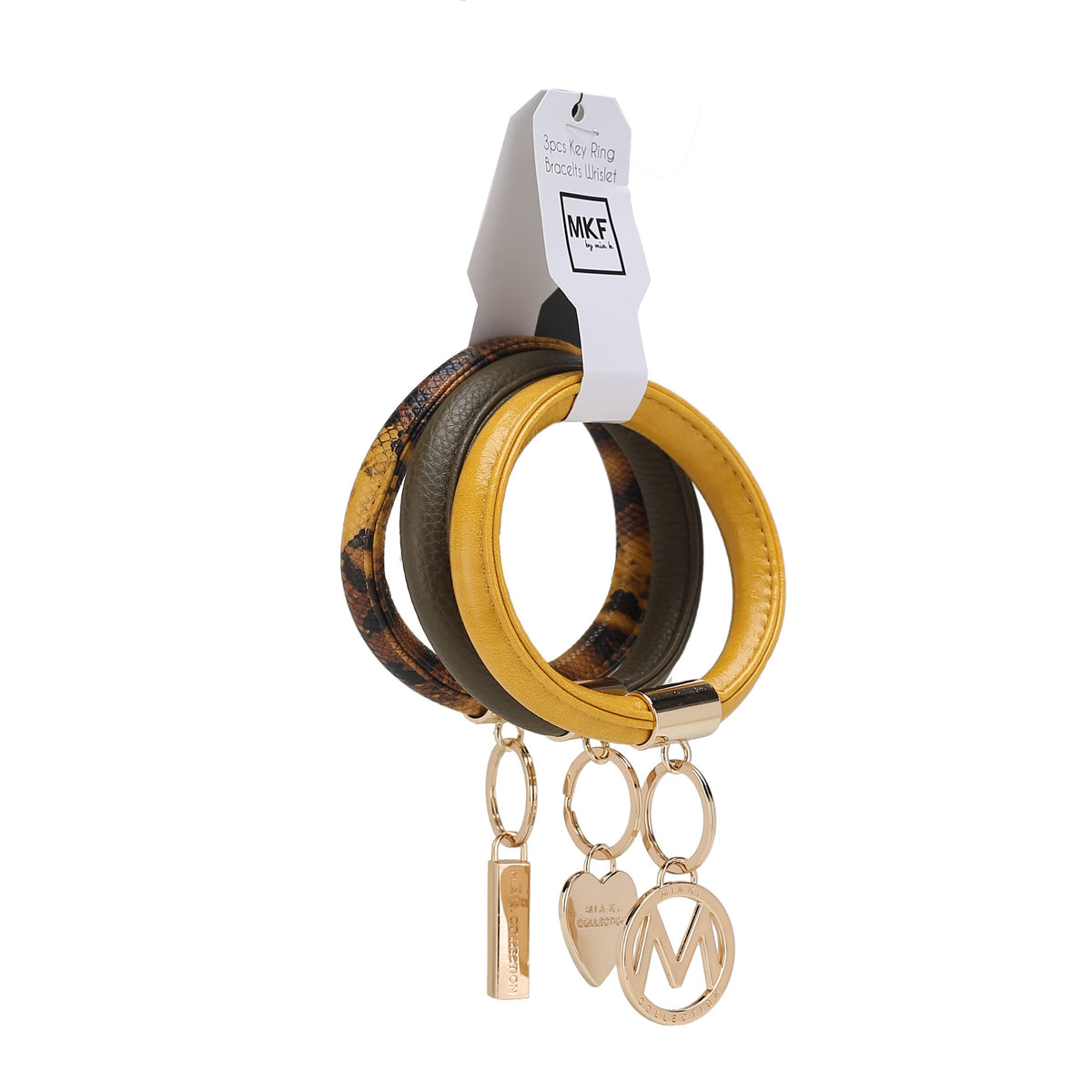 MKF Collection Jasmine Vegan Leather Women Bangle Wristlet Keychain set - Olive-Mustard-Mustard