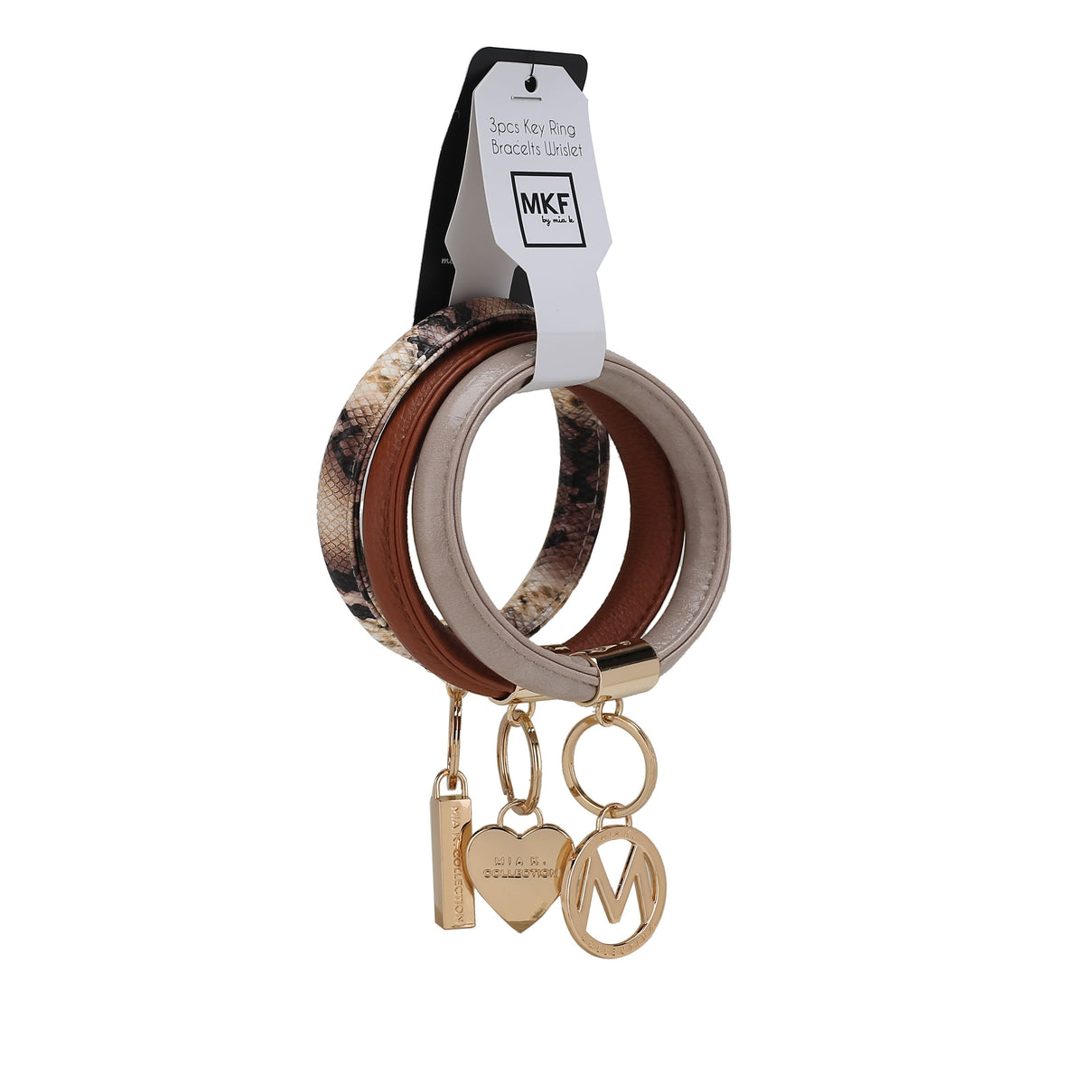 MKF Collection Jasmine Vegan Leather Women Bangle Wristlet Keychain set - Cognac-Taupe-Beige