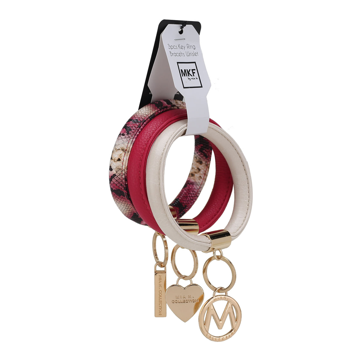 MKF Collection Jasmine Vegan Leather Women Bangle Wristlet Keychain set - Fuschia-Ivory-Beige