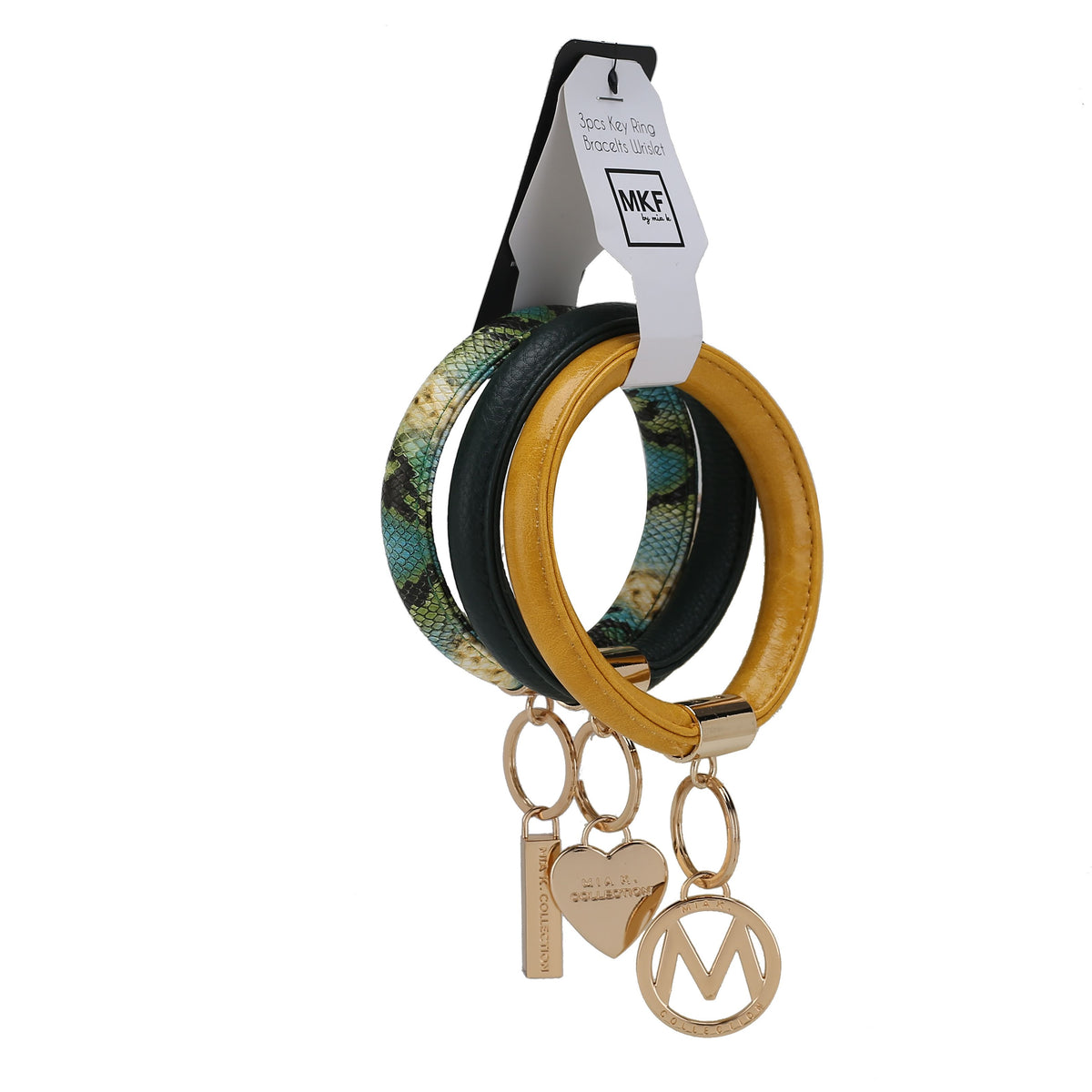 MKF Collection Jasmine Vegan Leather Women Bangle Wristlet Keychain set - Green-Yellow-Green