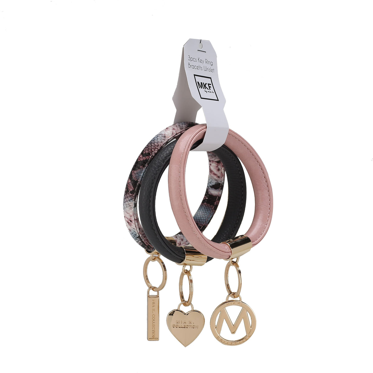 MKF Collection Jasmine Vegan Leather Women Bangle Wristlet Keychain set - Charcoal-Pink-Mauve