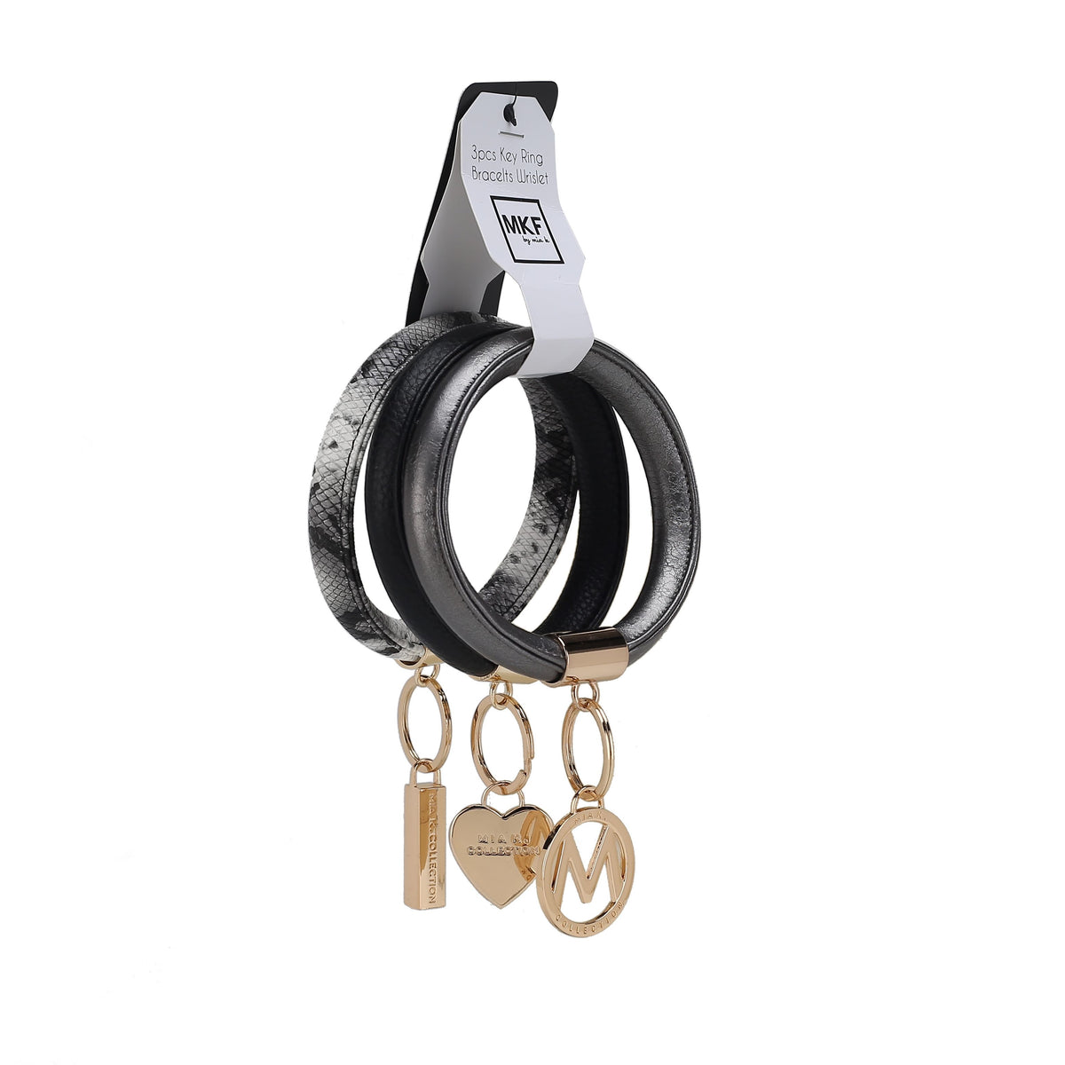 MKF Collection Jasmine Vegan Leather Women Bangle Wristlet Keychain set - Black-Pewter-Black