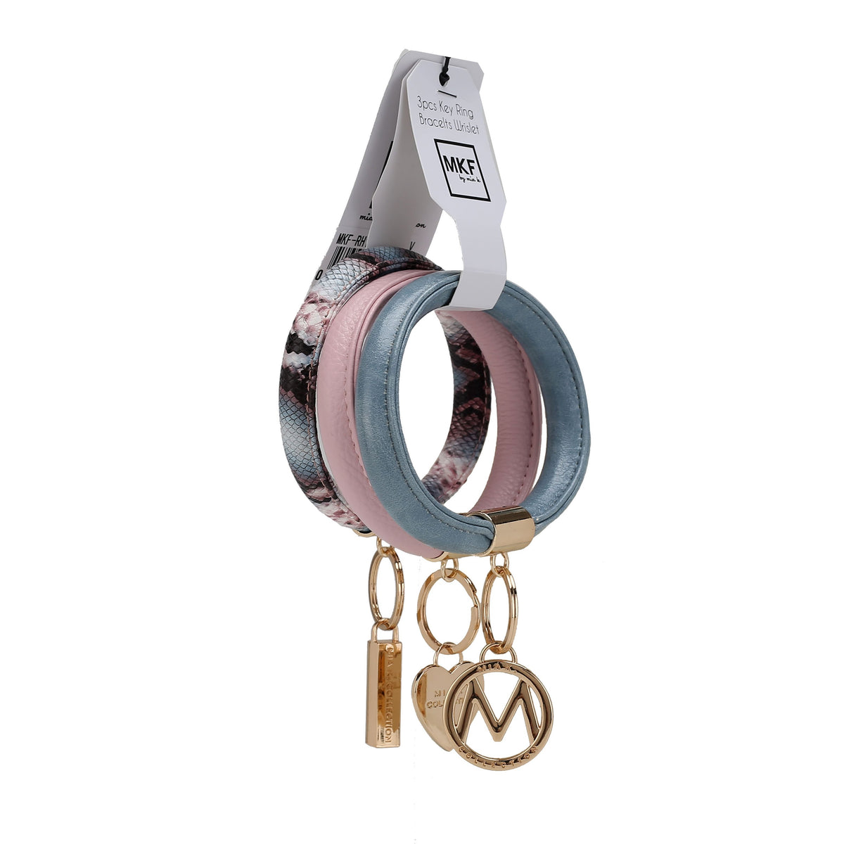 MKF Collection Jasmine Vegan Leather Women Bangle Wristlet Keychain set - Pink-Denim-Mauve