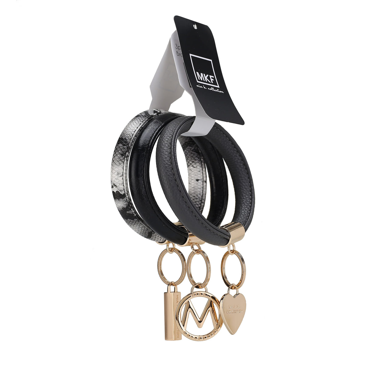 MKF Collection Jasmine Vegan Leather Women Bangle Wristlet Keychain set - Charcoal-Black-Black