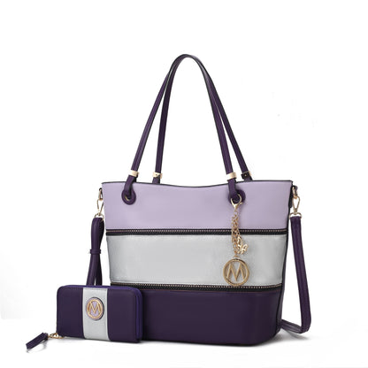 MKF Collection Vallie Color-Block Vegan Leather Women Tote Bag with Matching Wallet - Lilac-Silver-Purple