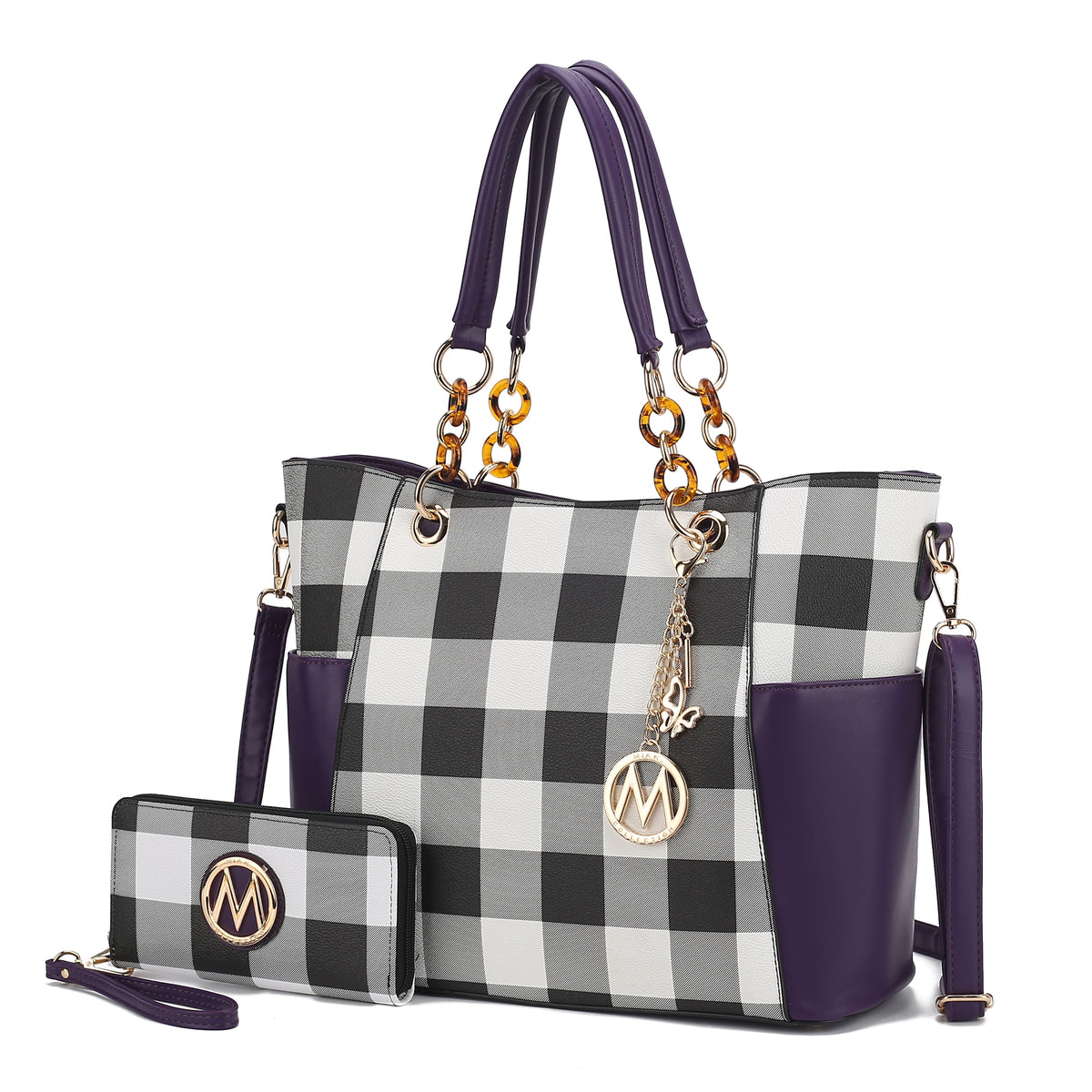 MKF Collection Bonita Checker Tote Handbag & Wallet Set Women - Purple