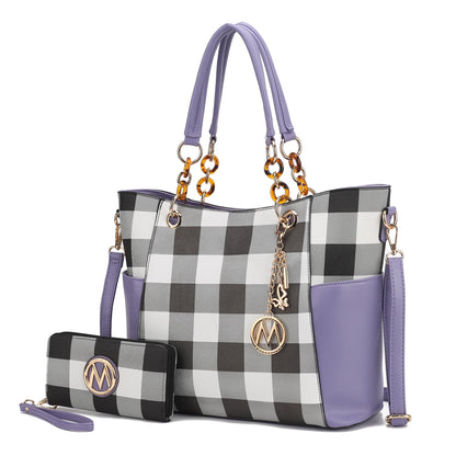 MKF Collection Bonita Checker Tote Handbag & Wallet Set Women - Lavender