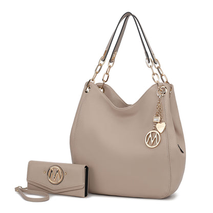 MKF Collection Ashley Women's Hobo Shoulder Bag with Matching Wallet, Vegan Leather Tote Purse, 2-Piece Handbag Set - Taupe