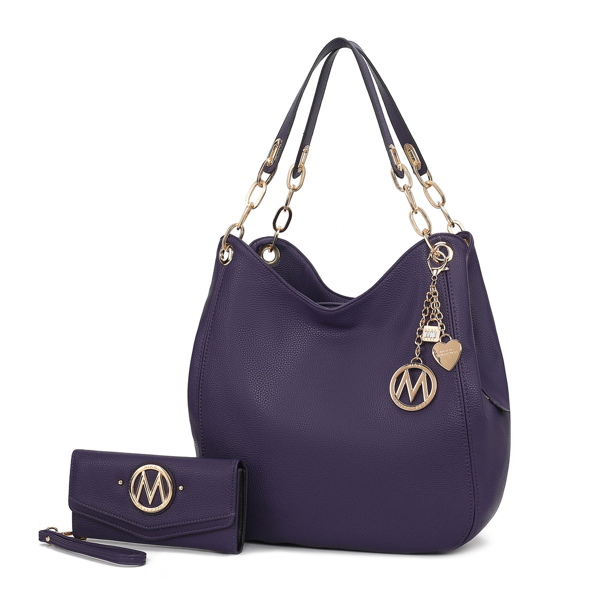 MKF Collection Ashley Women's Hobo Shoulder Bag with Matching Wallet, Vegan Leather Tote Purse, 2-Piece Handbag Set - Purple